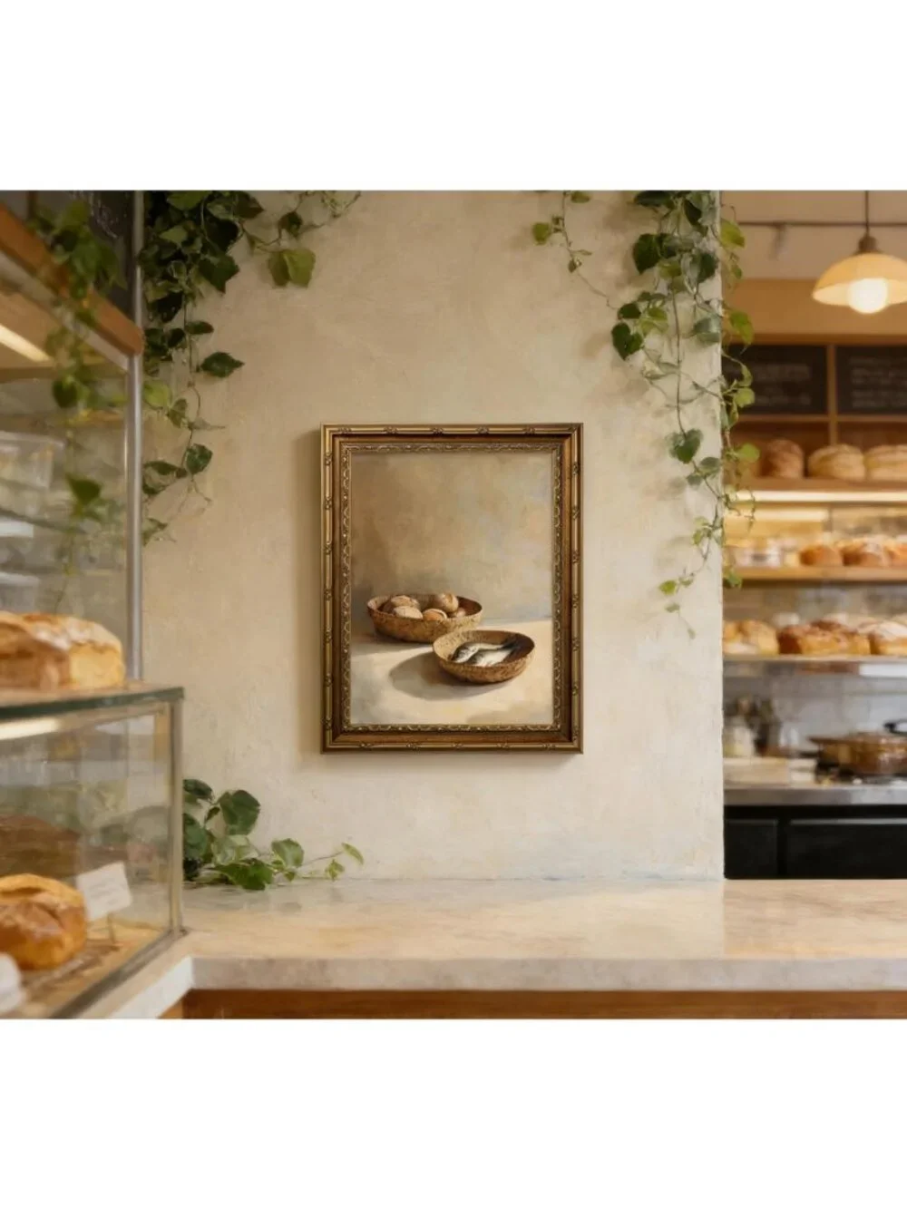 Rustic Vintage Gold Framed Still Life Canvas Art - Bread & Fish Wall Decor 12x16